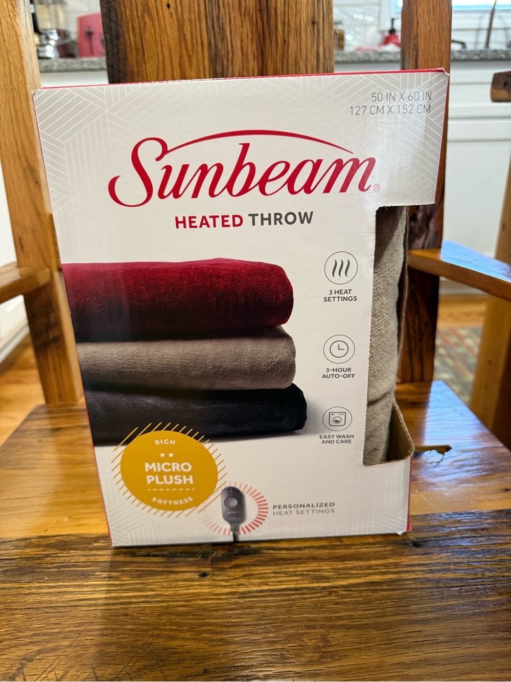 Sunbeam Heated Throw - Taupe and Burgundy Micro Plush